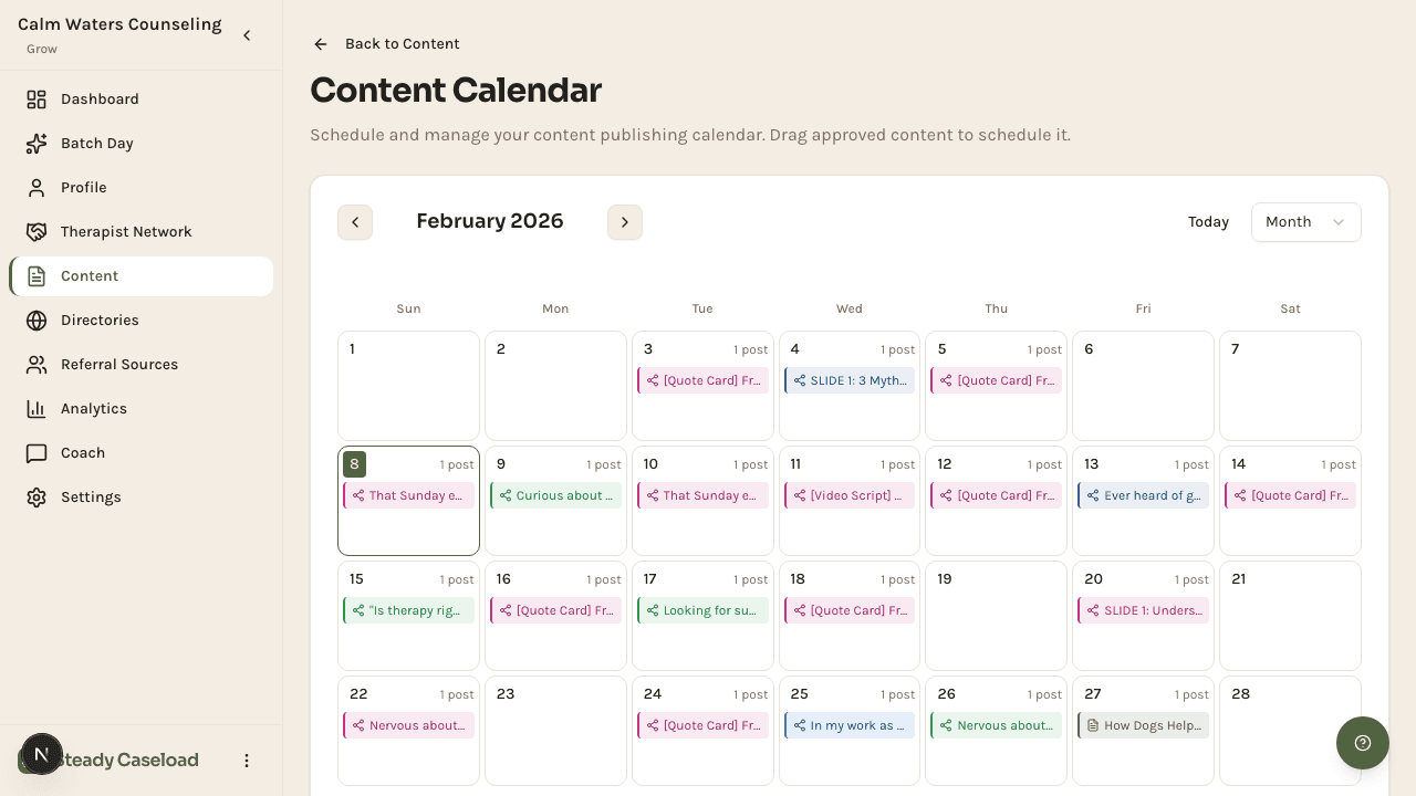 Content calendar showing scheduled social media posts for the month
