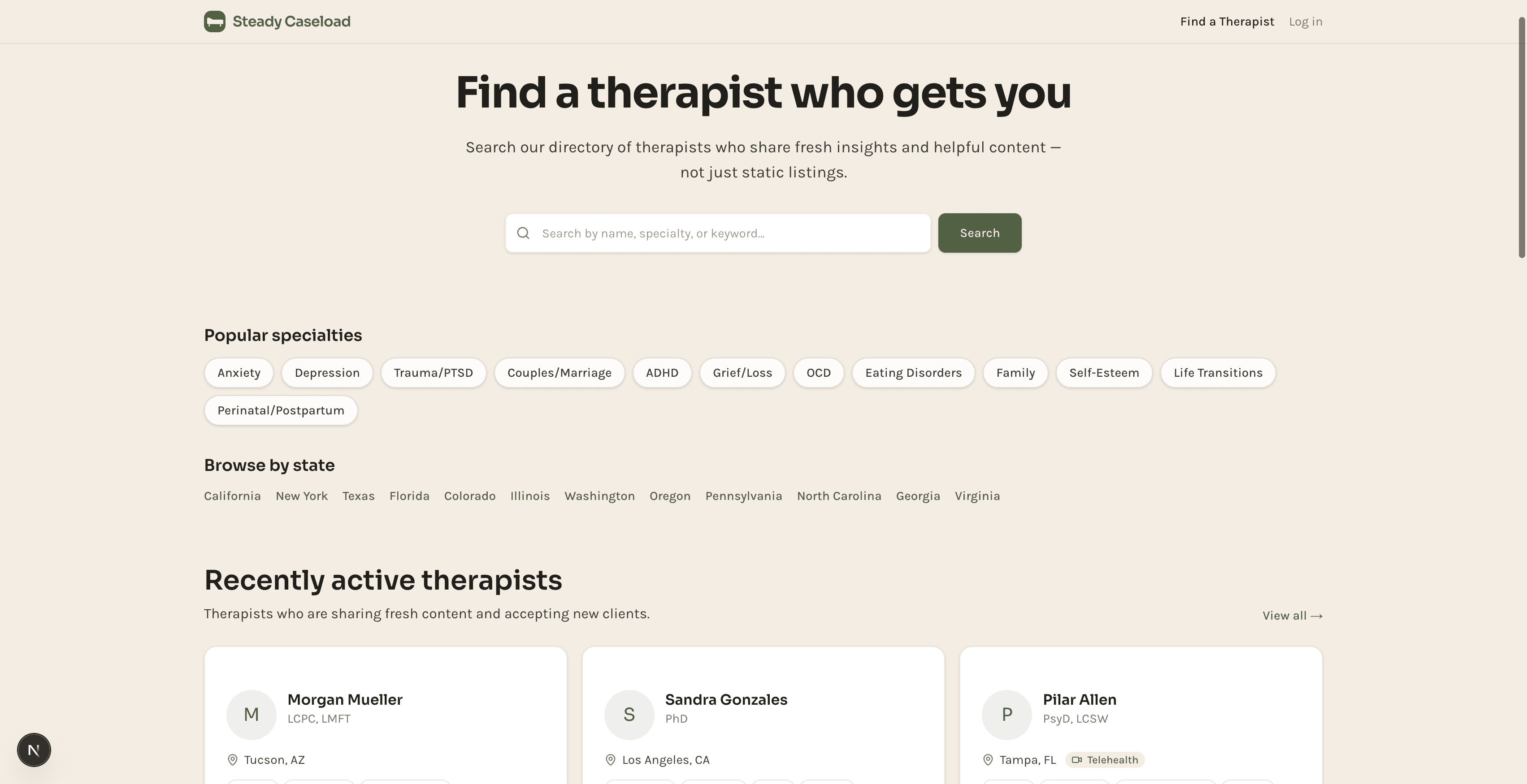 Therapist directory with search by specialty, location, and filters