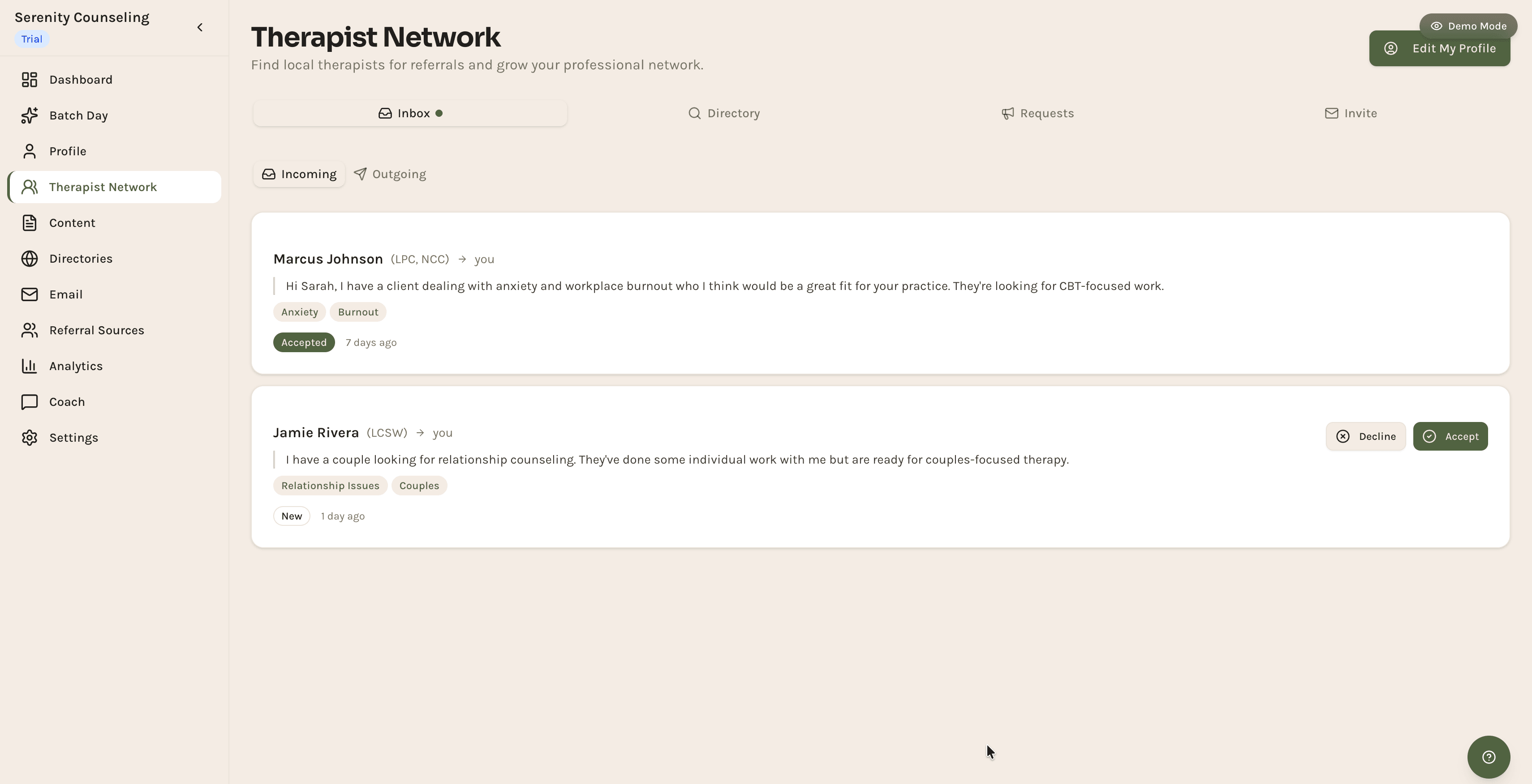 Build a network for requesting and sending referrals